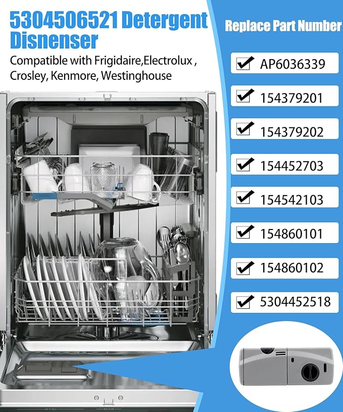 Upgraded 5304506521 Detergent and Rinse Aid Dispenser for Dishwashers Compatible with Frigidaire,Electrolux,Crosley, Kenmore, Westinghouse,Replacement AP6036339.154379201,154379202,154452703 Etc