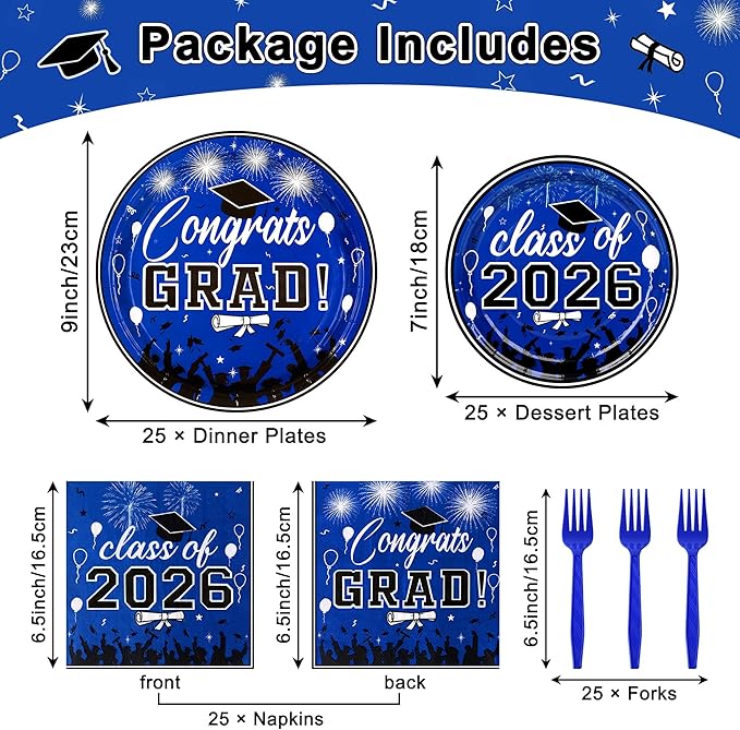 100 Pcs Graduation Plates and Napkins, 2026 Blue Graduation Disposable Plates and Napkins Party Supplies Set Serves 25, Blue Disposable Dinnerware Set for 2026 Decorations Grad Party