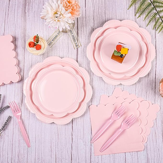 96 Pcs Pink Paper Plates and Napkins Set Party Supplies, Tableware set for 24 Guest include Disposable Pink Scalloped Plates, Napkins and Forks for Baby Shower Bridal Shower Wedding Birthday