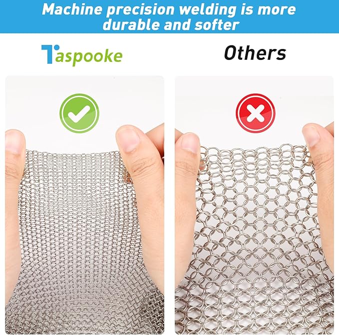 Cast Iron Cleaner and Chainmail Skillet Scrubber - 4''x4'' Upgraded 3.8mm Small Ring, 316L Stainless Steel Fine Rings - Durable Scraper for Skillets, Pans, Griddles & Containers