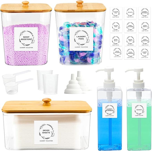 FEXIA 3+2 Pack Laundry Pods Containers and Dryer Sheet Holder with Laundry Detergent Dispenser Laundry Room Organization Storage Containers with Lids and Labels for Scent Booster,Powder,Pods