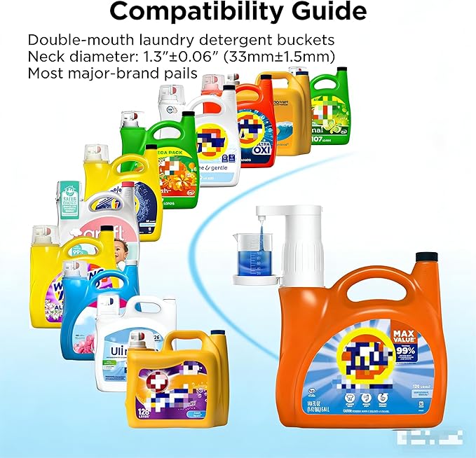 【IMPORTANT! Measure First】Electric Laundry Detergent Pump - Reusable Laundry Detergent Dispenser with Graduated Cup for Liquid Detergent, USB Rechargeable, Ideal for Laundry Room Organization (White)