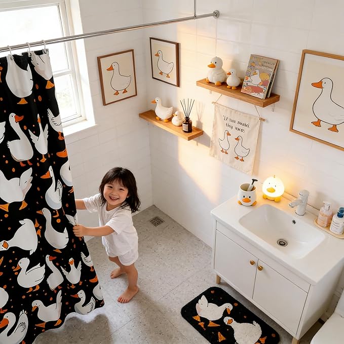 Homewish Cute Goose Bath Curtain Panel,Cartoon Farmhouse Livestock Animal Waterproof Fabric Shower Curtain,Kawaii Duck Hand Drawn Black Bathroom Curtain with 12 Hooks, 72Wx78L inch