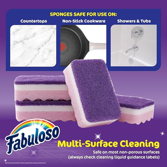 Fabuloso Scratch-Free Kitchen Dish Sponges, Purple Cellulose Scrubber Sponge with Scouring Pad for Dishes, Pots, Pans, Counters and Sinks, Tough on Messes, 4.25 x 2.75 x 1.25 in, 4 Count - 2 Pack