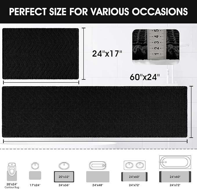 Upgraded Waffle Bath Mat Set 2 Piece Black-Herringbone, Super Absorbent Non-Slip Quick Dry Bathroom Rugs with Tassels, Machine Washable Ultra Soft Boho Bath Rugs, Toilet Mats Boho Farmhouse Decor