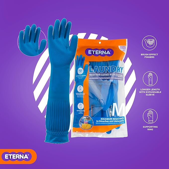 ETERNA Gloves Extra Long, Gloves for Laundry, Kitchen and Household Cleaning, Brush Effect on Fingers, Longer Lenght with Expandable Sleeve, Size M, 3.63 Oz (Pack of 2)