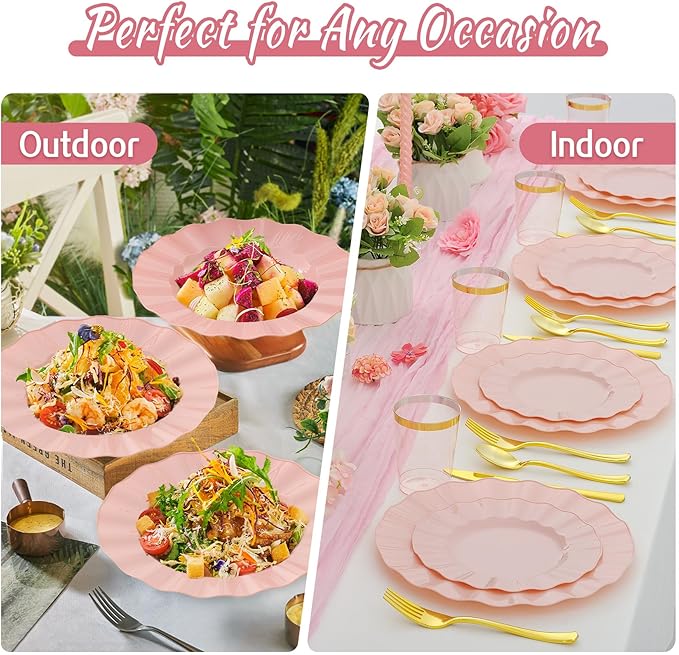 60Pcs Premium Pink Plates Disposable, Fancy Plastic Disposable Plate, Elegant Wedding Plates Set include 30 Dinner & 30 Dessert Plates for Easter Spring Party(30Guests)