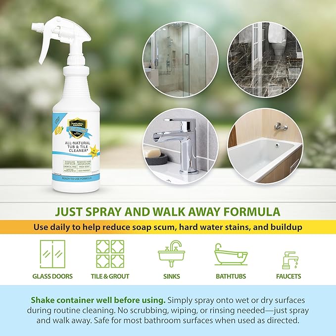 Natural Armor Tub & Tile Cleaner Spray - Daily No-Rinse Bathroom Cleaner w/Peppermint Scent for Shower Glass, Tile, Grout & Tubs - Plant-Based Formula Safe for People & Pets (32 fl oz Quart)