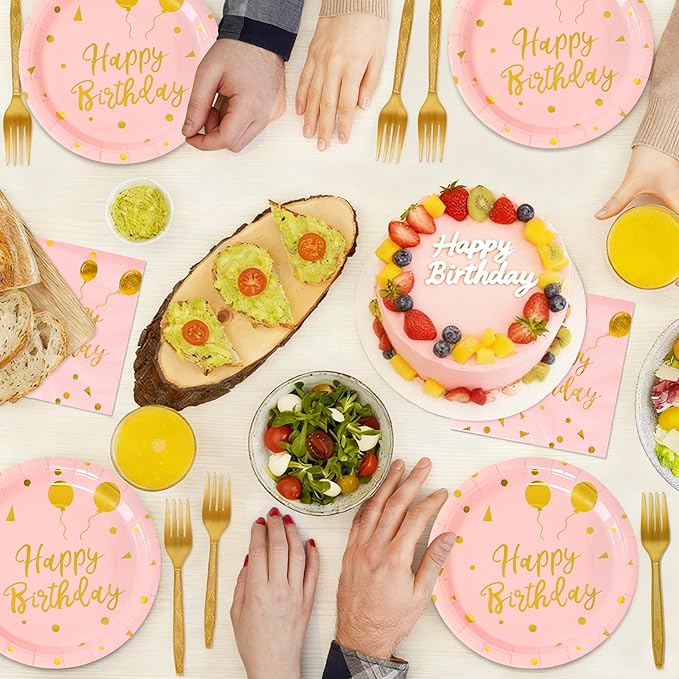 75 Pcs Happy Birthday Paper Plates,Serves 25 Guests Rose Gold Plates and Napkins with Gold Forks,Disposable Paper Tableware Set for Birthday Party Decorations