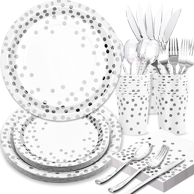 Silver Paper Plates and Napkins Party Supplies, White and Silver Plates Serve 24, 168Pcs Silver Party Decorations for Wedding Bachelorette First Communion Graduation Party