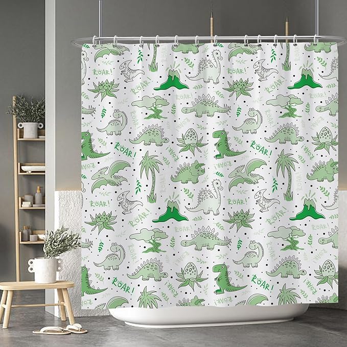Baocicoo Cute Cartoon Dinosaur Shower Curtain Sets Green Animals Plants Bath Curtain for Boys Girls Bathroom Decorations Polyester Fabric Waterproof Curtains for Bathroom with Hooks 72x72 Inches