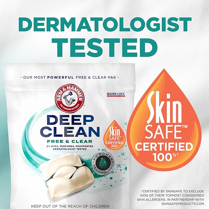 ARM & HAMMER Deep Clean Free & Clear Laundry Detergent Power Paks, Free of Dyes and Perfumes, Dermatologist Tested, 32 Count