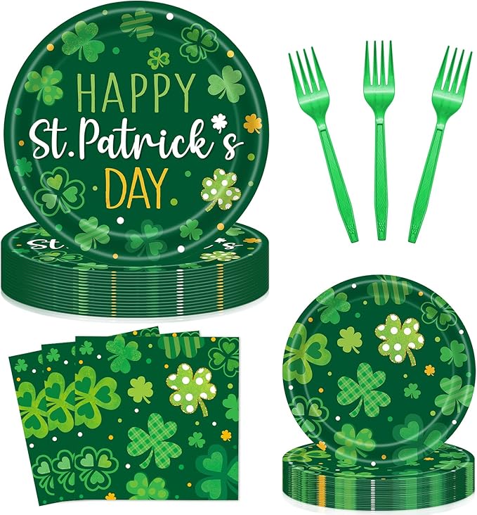 96 Pieces Happy St. Patrick's Day Plates and Napkins Tableware Set, Green Shamrock Lucky Disposable Dinnerware with Paper Plates, Napkins, and Forks for St Patrick Day Irish Party Supplies- Serves 24