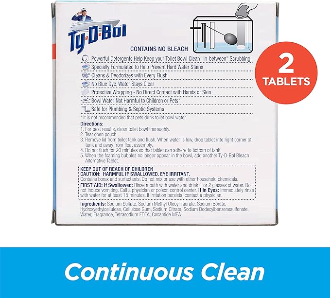 Ty-D-Bol Toilet Bowl Cleaner Tablets, In-Tank Toilet Bowl Tablets, Bleach Alternative, Fragrance Free, 2 Count (Pack of 6)