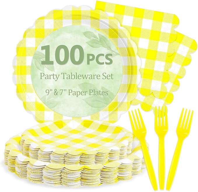 Mulbozy 100 Yellow Gingham Plates and Napkins Disposable Set Includes 25-9" & 25-7" Dessert Cake Scalloped Plates, Cocktail Napkins, Forks for for Holiday Party Supplies