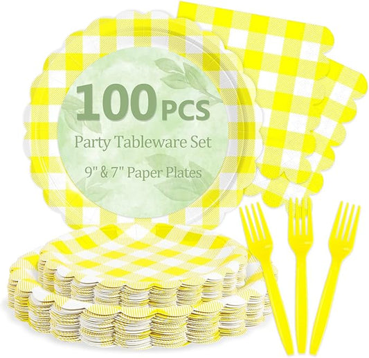 Mulbozy 100 Yellow Gingham Plates and Napkins Disposable Set Includes 25-9" & 25-7" Dessert Cake Scalloped Plates, Cocktail Napkins, Forks for for Holiday Party Supplies