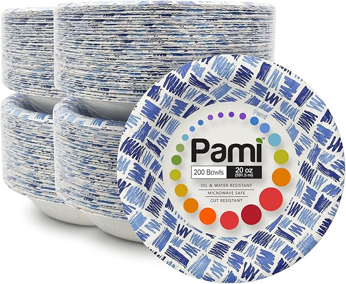 PAMI 20oz Heavy Duty Blue Paper Bowls for Soup, 200 Pack Disposable Microwave-Safe, Oil, Water & Cut Resistant