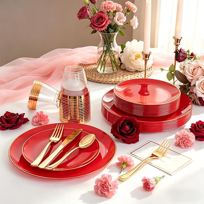 NOCCUR 350PCS Red Plastic Plates - Disposable Red Gold Dinnerware Set for 50 Guests, 100 Dinner/Dessert Plates, 150 Gold Silverware, 50 Cups&50 Napkins for Party/Wedding/Mother's Day