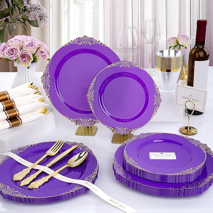 Realluck 350 PCS Purple and Gold Plastic Plates, Plastic Dinnerware Set for 50 Guests, 100 Disposable Plates, 150 Silverwares, 50 Cups, 50 Napkins for Party, Wedding, Graduation