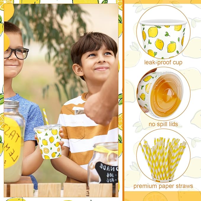 150 Pieces/50 Sets Lemonade Cups with Lids and Paper Straws 9oz Disposable Iced Coffee Paper Cup Summer Citrus Cold Cups for Lemonade Stand Supplies Fruit Party Beverages Drinks Juices