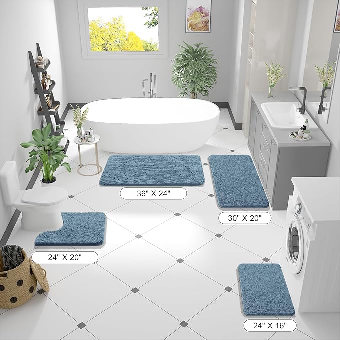 OLANLY Bathroom Runner Rugs 47x24, Soft Absorbent Chenille Bath Rugs, Rubber Backing Quick Dry, Machine Washable Long Bath Mats for Bathroom Floor, Tub and Shower, Home Decor Accessories, Airy Blue