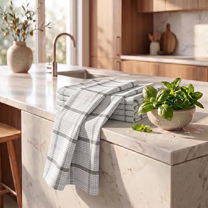 Urban Villa Kitchen Towels 100% Cotton Dish Towels for Kitchen (Set of 6) 20”x30” Dish Cloths Absorbent Kitchen Linen Set with Hanging Loop Perfect for Drying Dishes Cleaning – Tiny Check