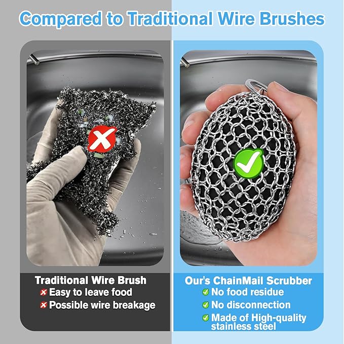 Cast Iron Scrubber Chainmail Set – 316 Stainless Steel Dish Scrub Brush for Cast Iron Skillet Pan Cleaner, Dutch Oven, Wok & Non-Stick Cookware | Dishwasher Safe – 2Pack