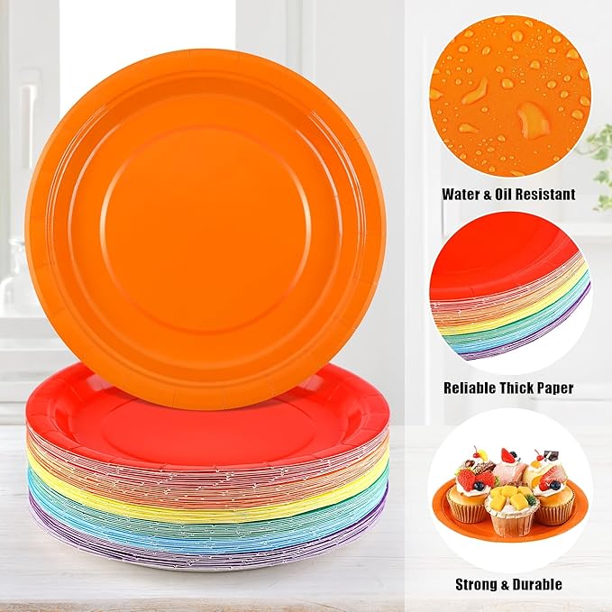 Kochorie 60 Pieces Rainbow Disposable Paper Plates 9 Inch Heavy Duty Dinner Plates, Solid Color, Table Decorations Party Supplies for Birthdays, Weddings, Daily Use