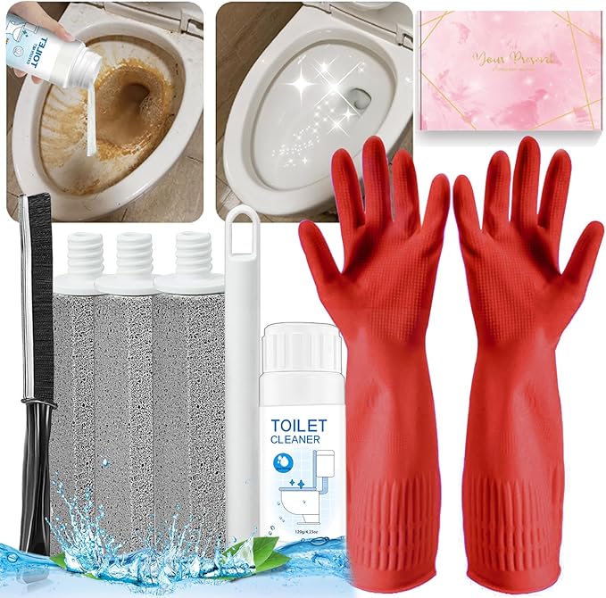7Pcs Upgrade Pumice Stone Toilet Bowl Cleaning Brush Set with Long Cleaning Gloves Crevice Brush Powerfully Cleans Stain Hard Water Ring Calcium Buildup Rust for Toilet Bathrooms