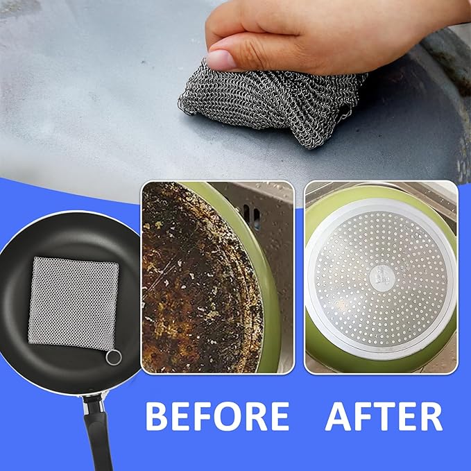 316L Stainless Steel Cast Iron Cleaner, Chainmail Scrubber,Kitchen Tool,Chain Mail Scrubber Cast Iron,for Hard Anodized Cookware, Pre-Seasoned Pans etc (15CM*20CM)