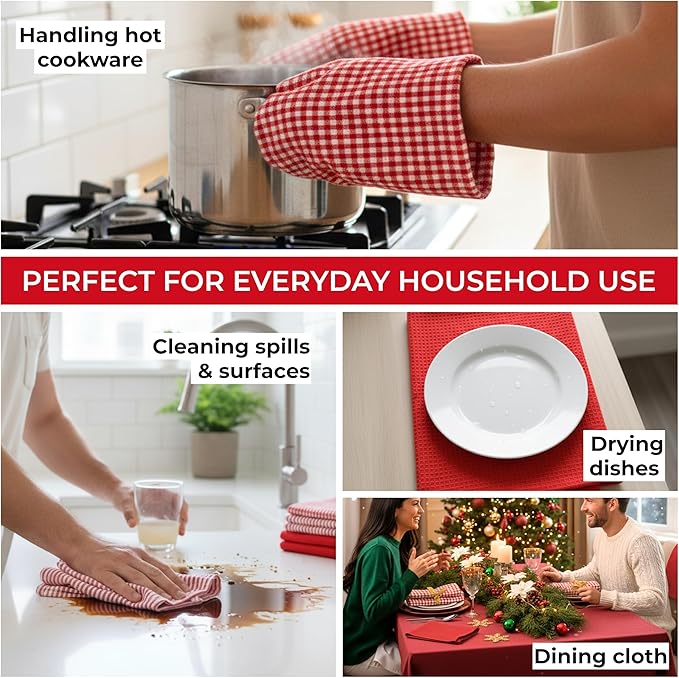 Cotton Dish Towels For Kitchen Drying - Highly Absorbent Red Striped Gingham Plaid Tea Towels - 18"X28" Set Of 6 Farmhouse Linen Dishtowels In Bulk - Pano De Prato Para Cozinha - T Towles Towls