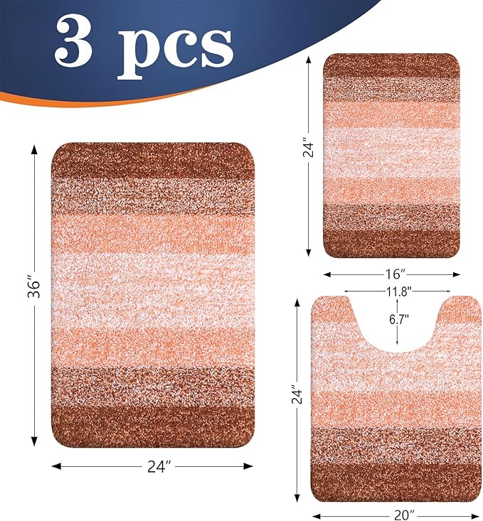 OLANLY Bathroom Rugs Sets 3 Piece, Soft Absorbent Microfiber Bath Mats and U-Shaped Contour Toilet Rug, Plush Shaggy Bath Mat Set for Bathroom (36"x24"+24"x16"+24"x20", Orange)