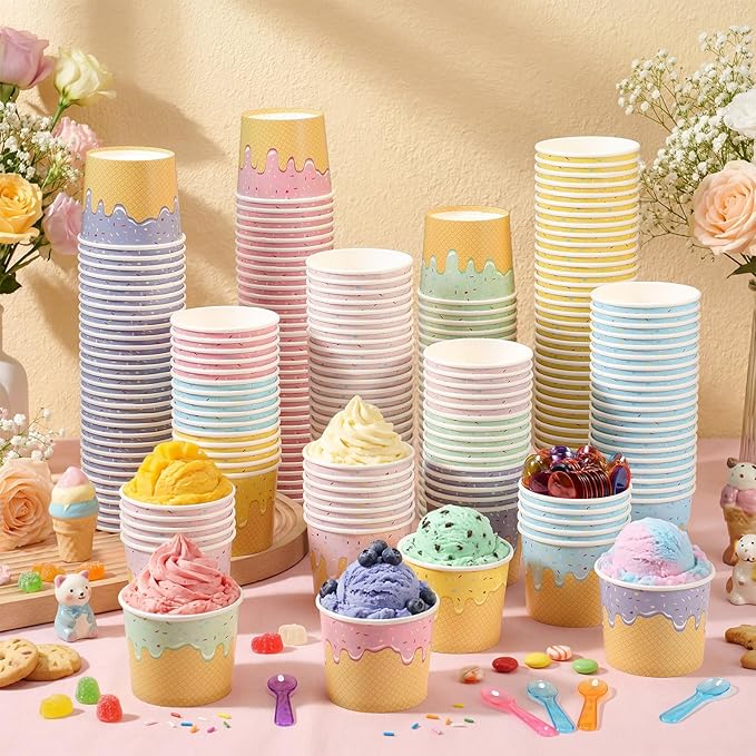 Jingmore 240 Set Paper Ice Cream Cups Bulk with Spoons 6 oz Disposable Sundae Bowls Colorful Paper Dessert Cups Containers for Snack Yogurt Soup Summer Bar Party Supplies