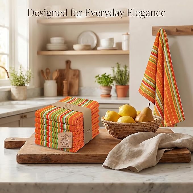 Urban Villa Kitchen Towels Waffle Stripes Dish Towels for Kitchen Orange Waffle Set of 6 Kitchen Towels Highly Absorbent 100% Cotton Over Sized 20X30 in with Mitered Corners Kitchen Hand Tea Towels