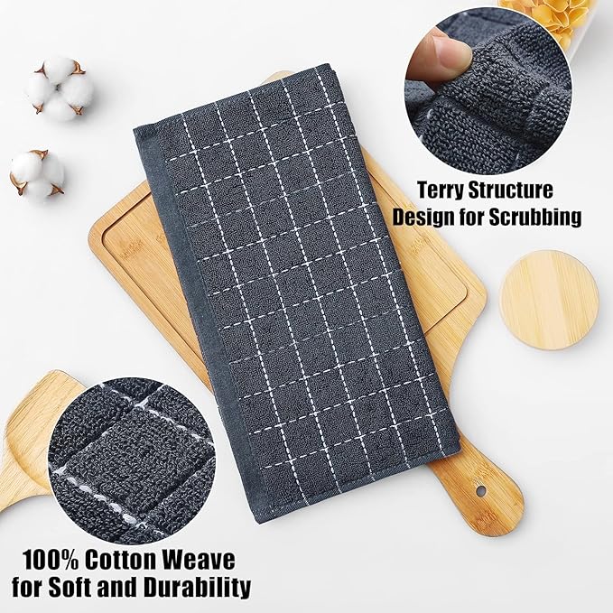 Homaxy 100% Cotton Terry Kitchen Dish Cloths, Ultra Soft and Absorbent Dish Towels for Kitchen, Suitable for Drying and Washing Dishes, 18 Pack, 12 x 12 Inches, Dark Grey