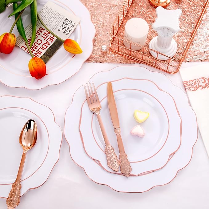 NOCCUR 175PCS Rose Gold Plastic Plates with Disposable Silverware - Include 25Dinner Plates, 25Dessert Plates, 25Forks, 25Knives, 25Spoons, 25Cups, 25Napkins for Party/Mother's Day