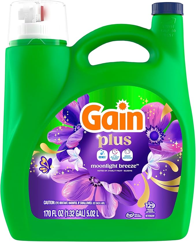 Gain Plus Liquid Laundry Detergent, Cleaner, Fresher, Now with Oxi, Moonlight Breeze Scent, 170 fl oz, 129 Loads