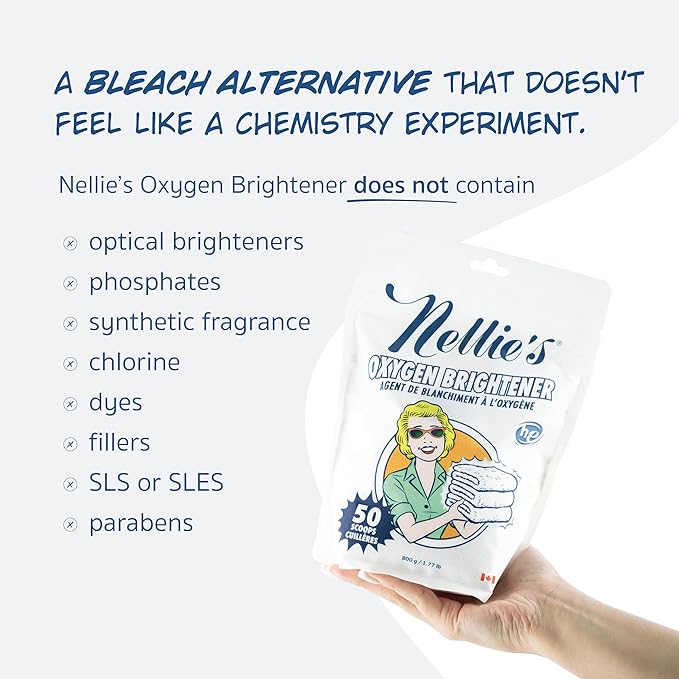 Nellie’s Oxygen Brightener –Powder Stain Remover for Laundry – Brightens Whites, Protects Colors – Bleach-Free, Septic-Safe (50 Scoops) - Made in Canada
