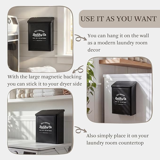 MONJITA Magnetic Lint Bin for Laundry Room, Wall Mounted Lint Trash Can with Lid for Dryer, Laundry Room Organization and Storage with Brush(Black)