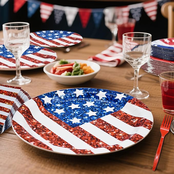 96 Pieces American Flag Patriotic Plates and Napkins Tableware Set - 4th of July Disposable Paper Plates, Napkins and Forks for Independence Day Memorial Day Veterans Day Party Decorations