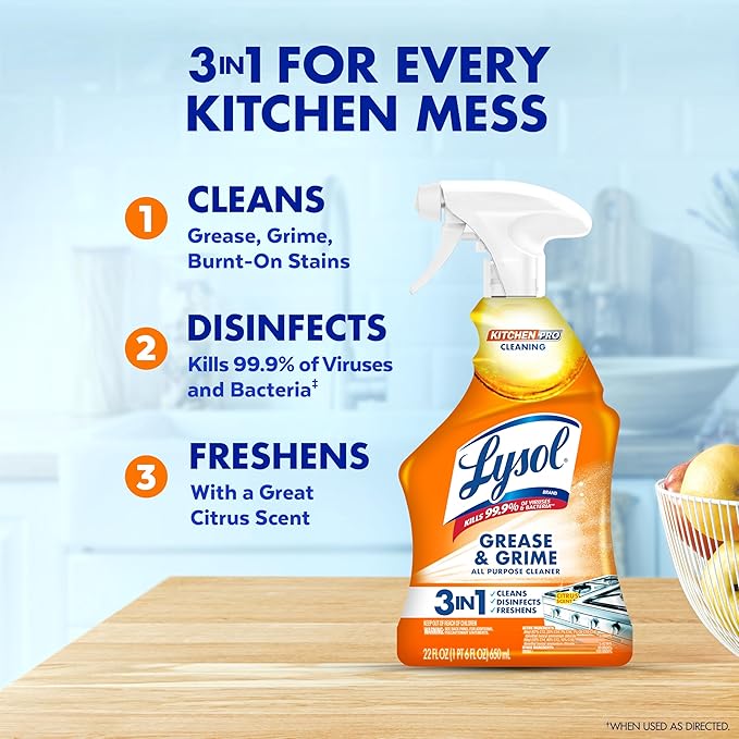 Reckitt Lysol Kitchen Pro Antibacterial Cleaner Trigger 22 Fl Oz (Pack of 3) - With 1ct Auto In-The-Bowl Toilet Cleaner, Atlantic Fresh