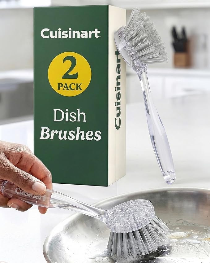 Cuisinart Dish Brush with Handle 2 Pack – Kitchen Scrub Brush for Dishes, Pots & Pans, Non-Scratch Dish Scrubber, Firm Bristles for Sink & Cookware, Comfortable Grip for Everyday Cleaning