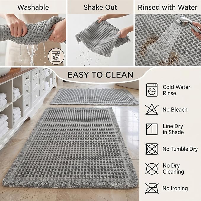 Waffle Bathroom Rugs, Large Non Slip Absorbent Waffle Knit Bath Mat for Shower Floor, Tub and Bathroom Door, Ultra Soft Quick Dry, Grey, 24"x36"
