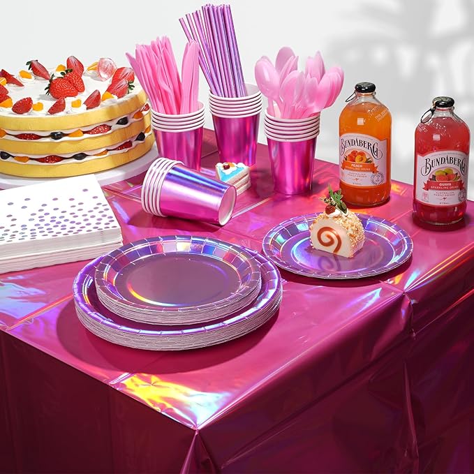 Iridescent Pink Party Supplies Decorations Serve 50, Hot Pink Holographic Paper Plates and Napkins Set, Disposable Pink Paper Plates Cups Knives Spoons Fork for Mermaid Disco Kpop Birthday Party Decor