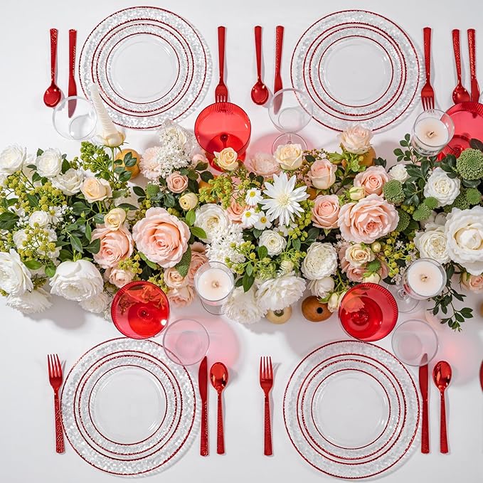 Ciaell 150 PCS Red Plastic Plates – Clear Hammered Disposable Plates with Red Rim include 50Plates, 25Forks, 25Knives, 25Spoons, 25Cups for Wedding & Party & Anniversary