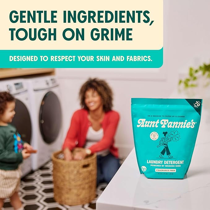 Aunt Fannie's Powder Laundry Detergent, Deep Cleaning, Plant Based, Natural Ingredients, 70 Loads Per Bag, Fragrance Free, 88 Oz