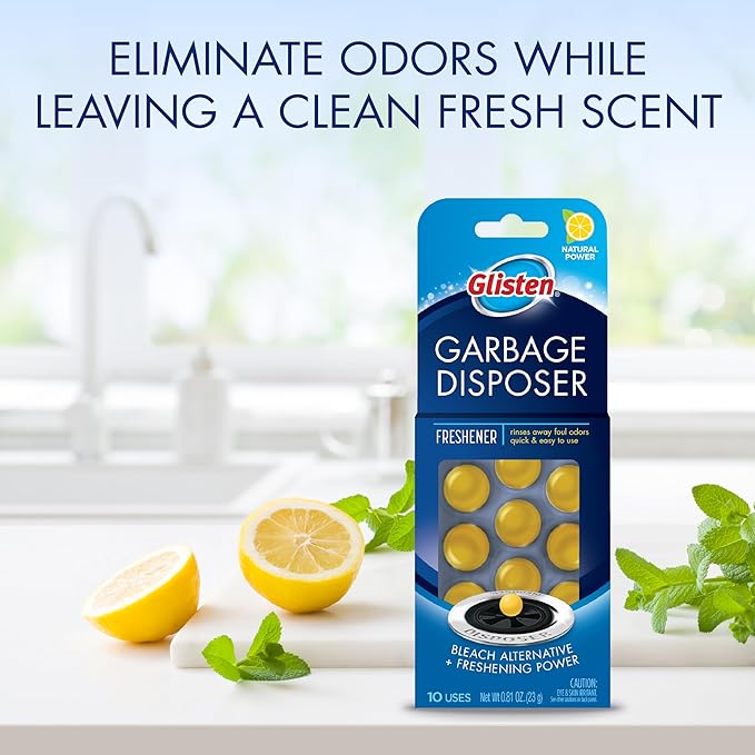 Glisten Garbage Disposer Freshener, Sink Disposal Odor Eliminator, Quick and Easy-to-Use, Lemon Scent, 10 Capsules (Pack of 12)