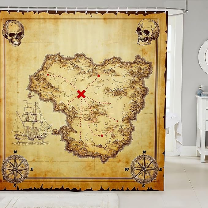 Feelyou Nautical Island Map Shower Curtain Kids Vintage Old Map Pirate Ship Bath Curtain Ocean Ancient Pirate Skull for Stalls Bathtubs Cloth Fabric Bathroom Decor 72" Wx72 L