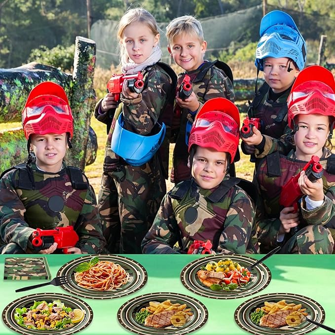 100 Pcs Camouflage Party Supplies for 25 Guests, Heavy-Duty 7" & 9" Paper Plates, 2-Ply 13" Napkins & Plastic Forks, Disposable Deep Green Camo Tableware Set for Hunting Army Military Party