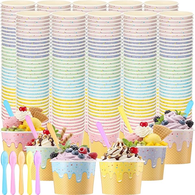 Jingmore 240 Set Paper Ice Cream Cups Bulk with Spoons 6 oz Disposable Sundae Bowls Colorful Paper Dessert Cups Containers for Snack Yogurt Soup Summer Bar Party Supplies